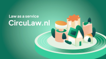 Green background with a drawing of a circular platform with a village on it and the text Law as a service Circular nl