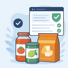 Graphics of three food containers, one with a picture of a tomato, another with a picture of cheese and the third with a picture of a green vegetable. Above them is a picture of a checklist with a box ticked.
